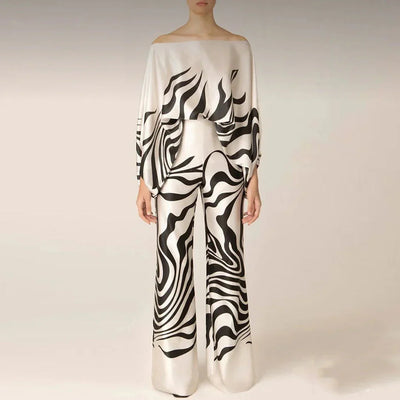 Women’s Summer Jumpsuit – Off-Shoulder Wide-Leg Design with Abstract Print