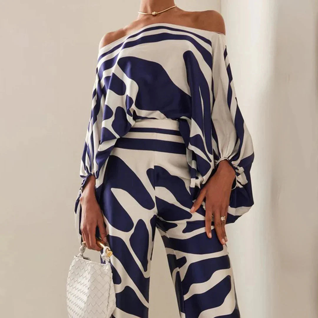 Women’s Summer Jumpsuit – Off-Shoulder Wide-Leg Design with Abstract Print