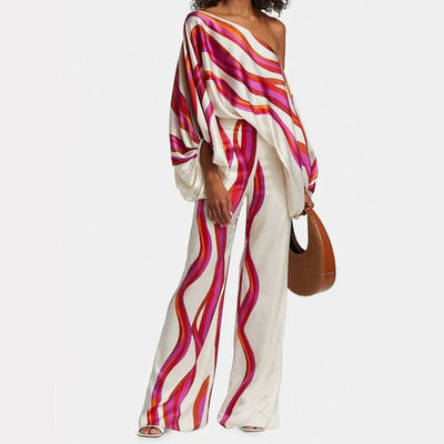 Women’s Summer Jumpsuit – Off-Shoulder Wide-Leg Design with Abstract Print