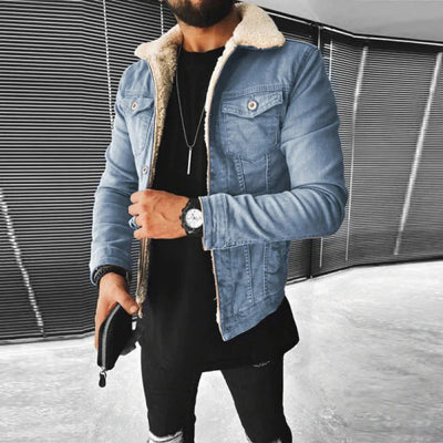 Men’s Denim Sherpa-Lined Jacket with Buttoned Pockets