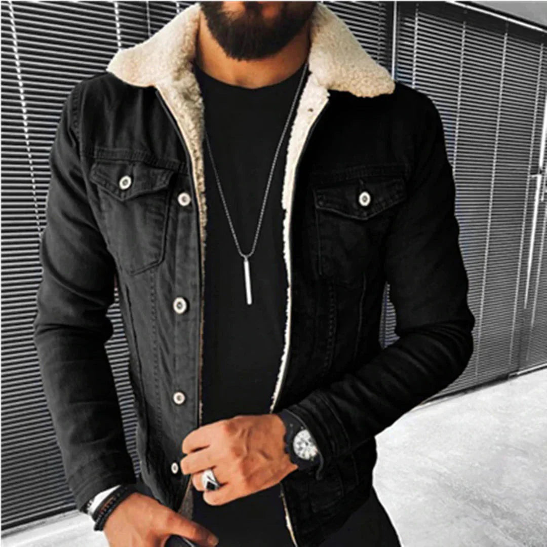 Men’s Denim Sherpa-Lined Jacket with Buttoned Pockets