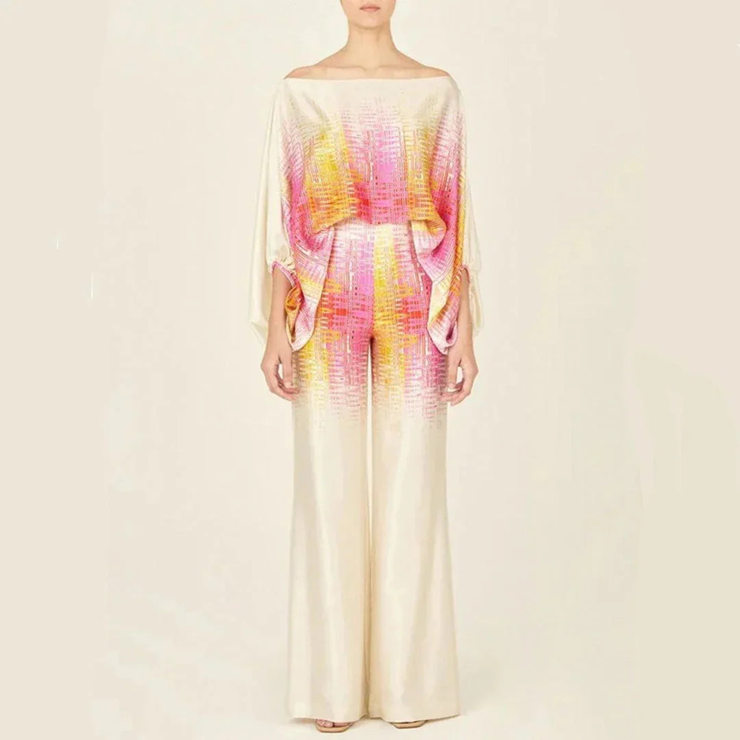 Women’s Summer Jumpsuit – Off-Shoulder Wide-Leg Design with Abstract Print