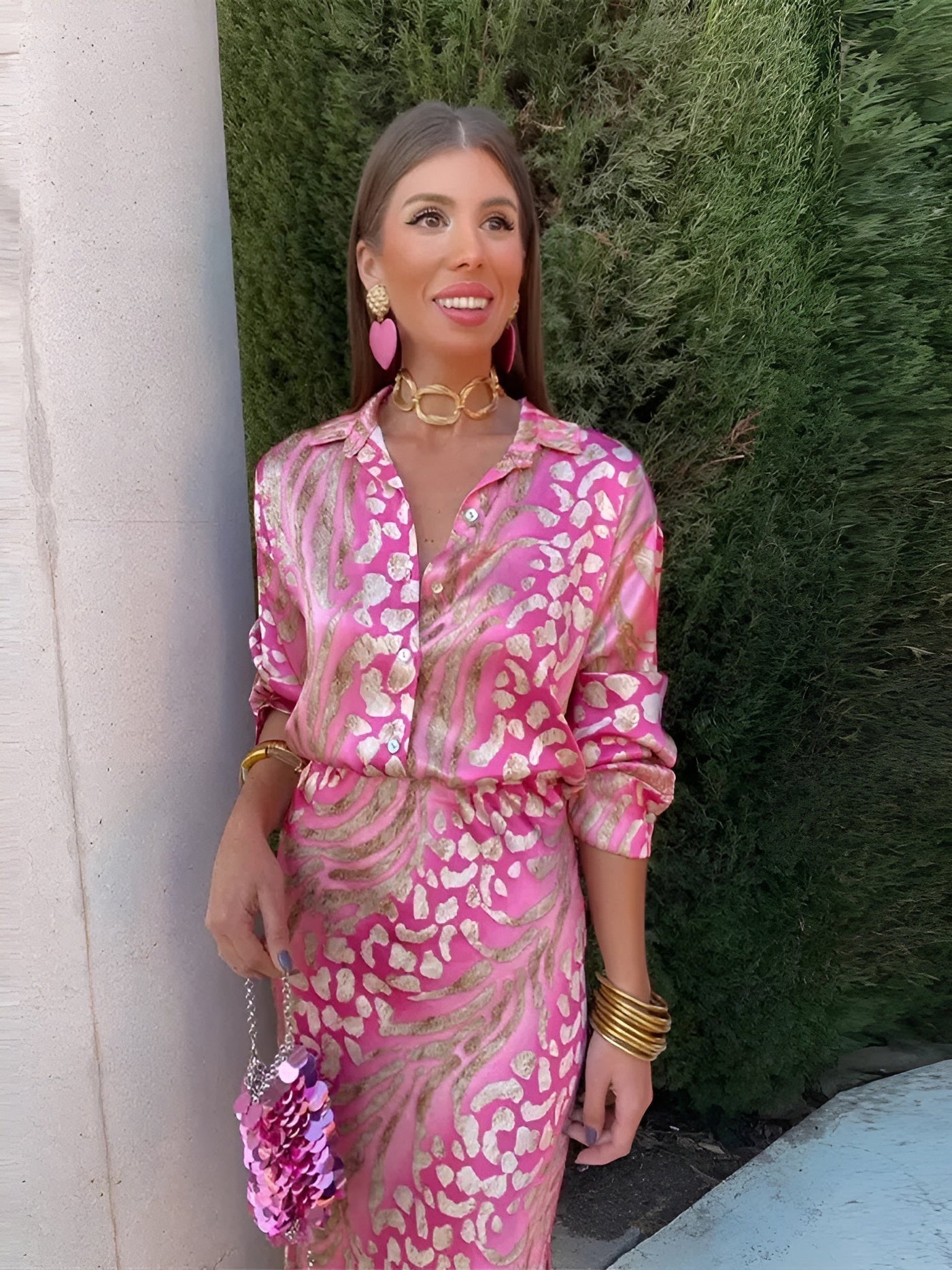 Celeste | Satin Print Button Dress