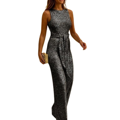 Backless Glitter Jumpsuit with Waistband for Ladies