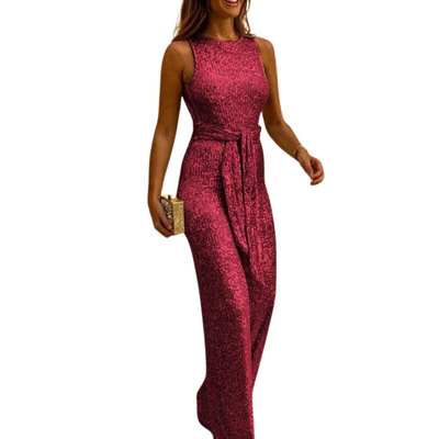 Backless Glitter Jumpsuit with Waistband for Ladies