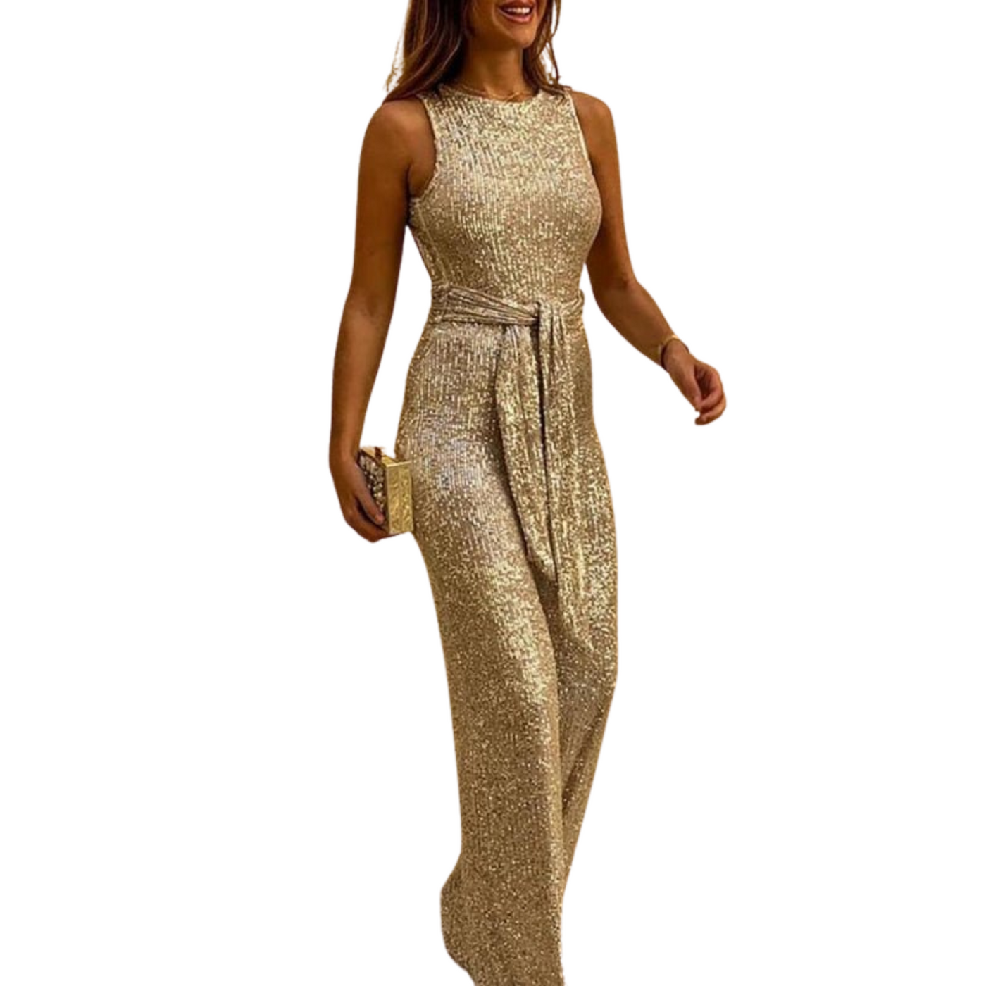 Backless Glitter Jumpsuit with Waistband for Ladies