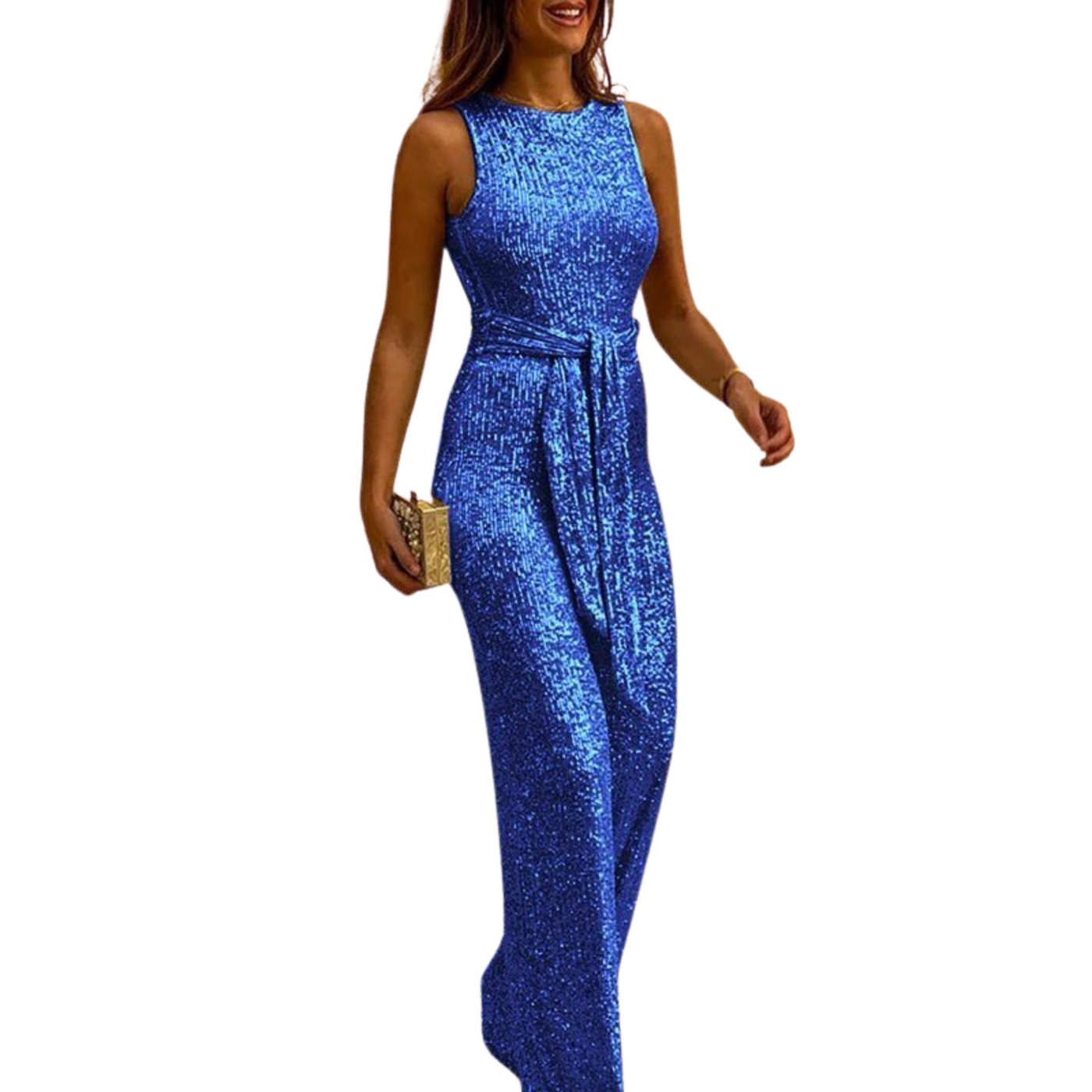 Backless Glitter Jumpsuit with Waistband for Ladies