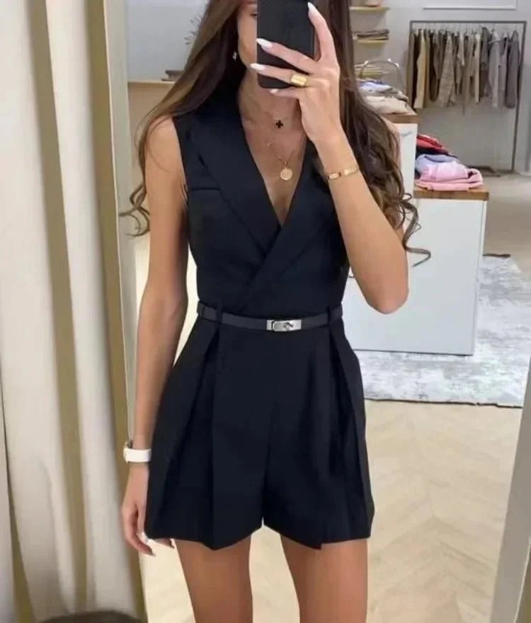 Womens Classic Sleeveless V-Neck Belted Jumpsuit
