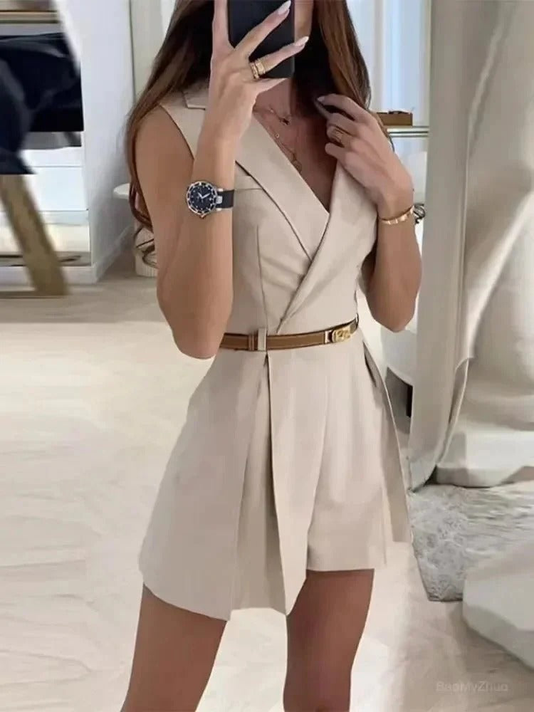 Womens Classic Sleeveless V-Neck Belted Jumpsuit