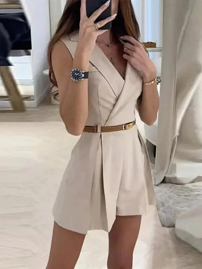 Womens Classic Sleeveless V-Neck Belted Jumpsuit