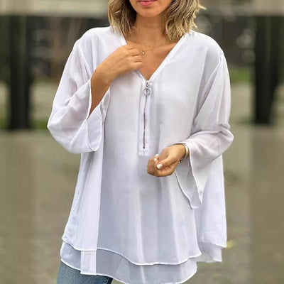 Katie | Luxe Chiffon Zipper Top With V-Neck