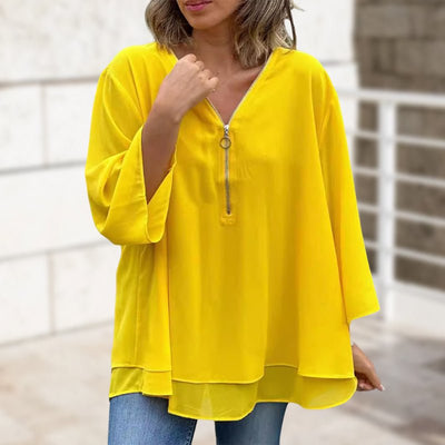 Katie | Luxe Chiffon Zipper Top With V-Neck