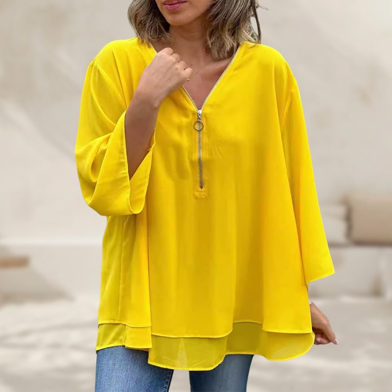 Katie | Luxe Chiffon Zipper Top With V-Neck