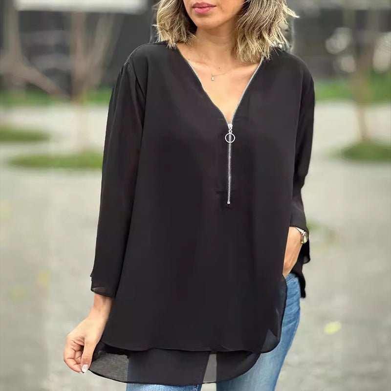 Katie | Luxe Chiffon Zipper Top With V-Neck