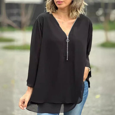 Katie | Luxe Chiffon Zipper Top With V-Neck