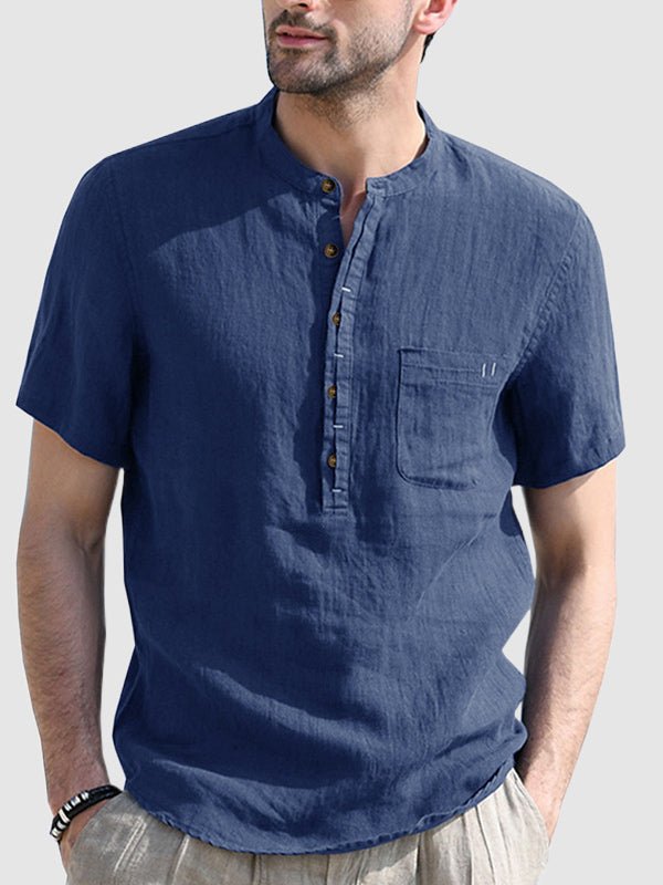 Men'Henley collar solid color short-sleeved shirt