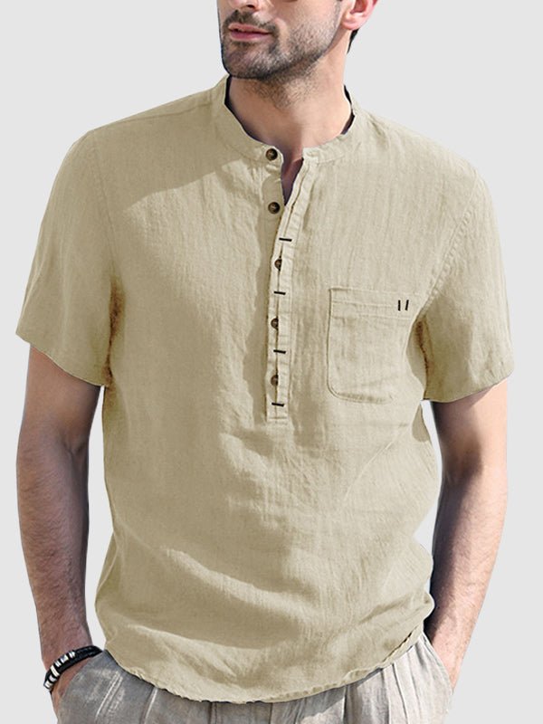 Men'Henley collar solid color short-sleeved shirt