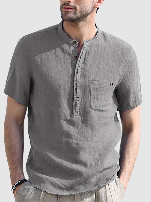 Men'Henley collar solid color short-sleeved shirt