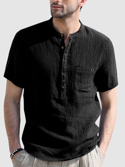 Men'Henley collar solid color short-sleeved shirt