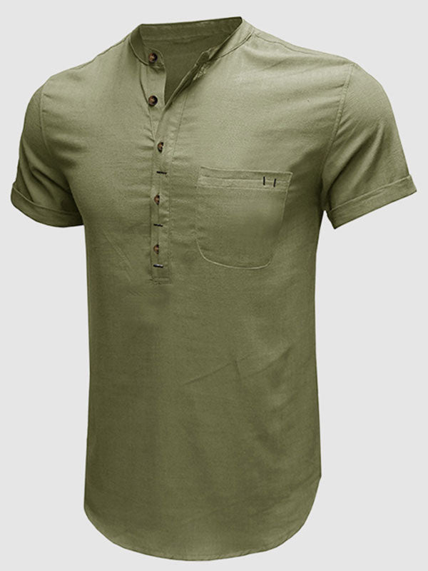 Men'Henley collar solid color short-sleeved shirt