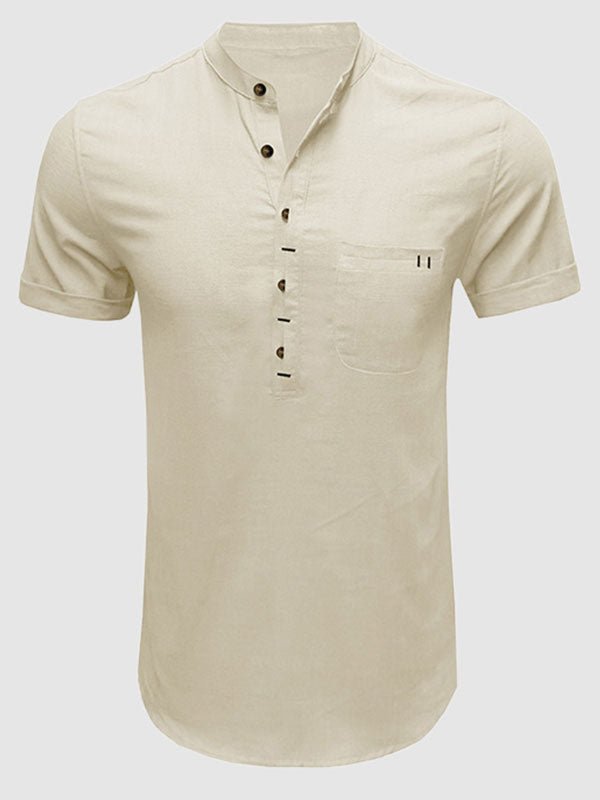 Men'Henley collar solid color short-sleeved shirt