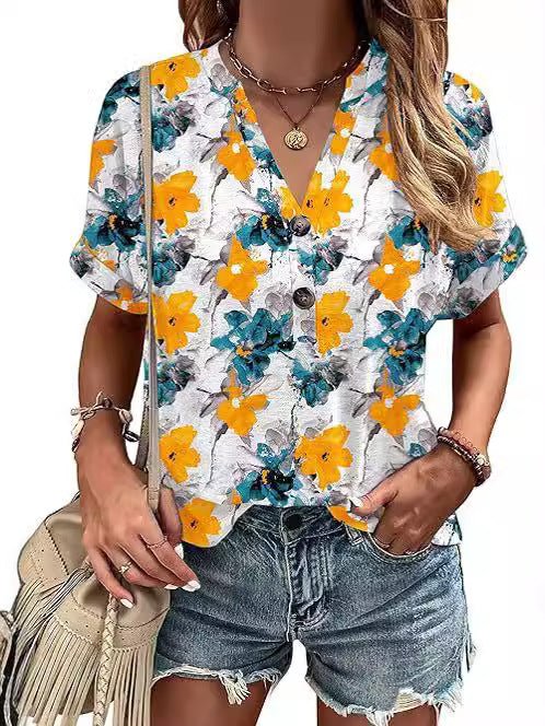 Sophie | Floral  V-Neck Button T-Shirt