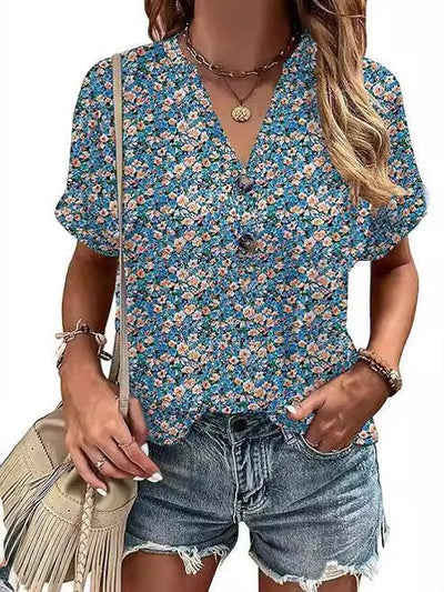 Sophie | Floral  V-Neck Button T-Shirt