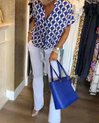 Rania | Geometric Print Tie-Front Blouse