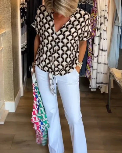 Rania | Geometric Print Tie-Front Blouse